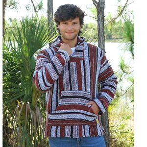 Iguana Jack Baja Hoodie Pullover Purple Gray Striped Mexican Style Size M